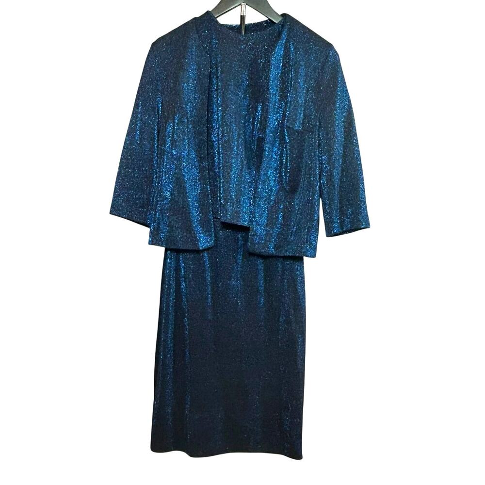 VTG 1960s 3 Piece Skirt Suit Set Navy Blue 12 Metallic Lurex Mod Mad Men Party